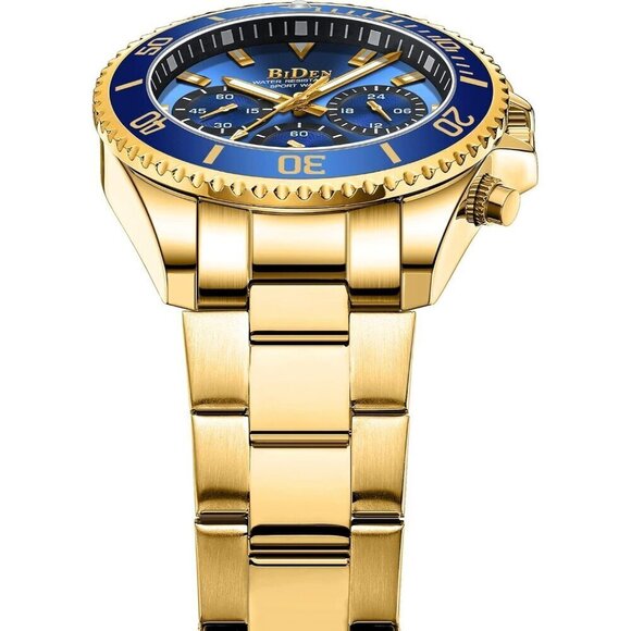 Men's Watches Chronograph Stainless Steel Blue Gold Wrist Watch Waterproof - Picture 4 of 9